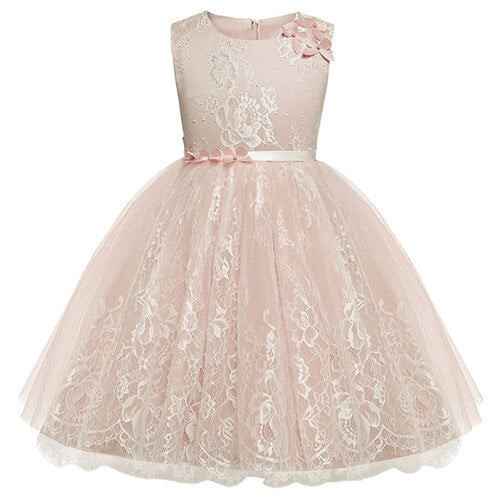 Flower Girls Dress With Ribbon Belt Charming Lace Bow Back