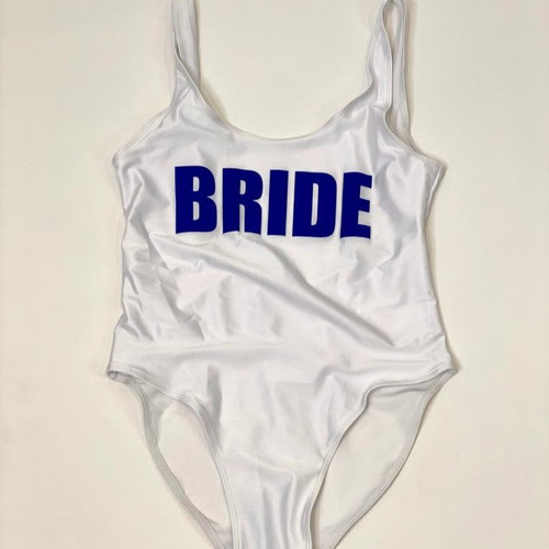 Sample Sale - White Swimsuit, "Bride", in Blue Glitter, Size: M