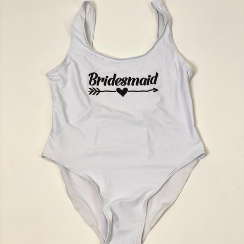 Sample Sale - White Swimsuit, "Bridesmaid", in Black Glitter, Size: XL