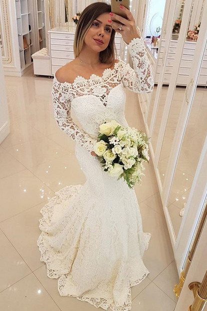 Gorgeous Off Shoulder Long Sleeves Mermaid Wedding Dress W805