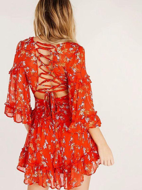 Printed Straps Backless Sexy Deep V-Neck Ruffled Dress