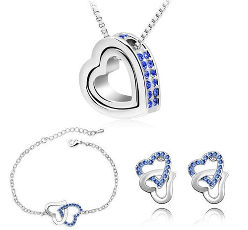 Double Heart Rhinestone Necklace, Bracelet & Earrings Fashion Wedding Jewelry Set