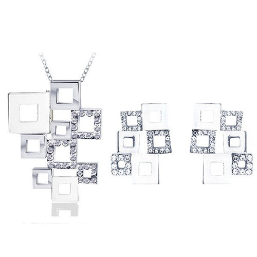 Hollow Square Crystal and Rhinestone Necklace & Earrings Fashion Jewelry Set