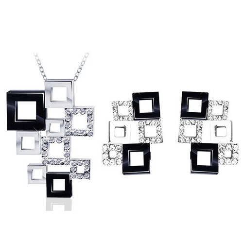 Hollow Square Crystal and Rhinestone Necklace & Earrings Fashion Jewelry Set