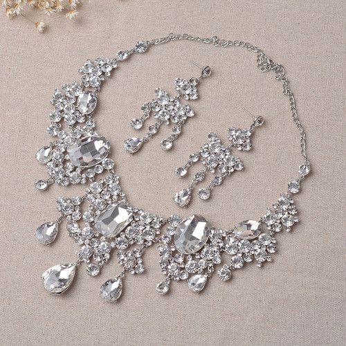 Big Rhinestone Necklace & Earrings Wedding Jewelry Set