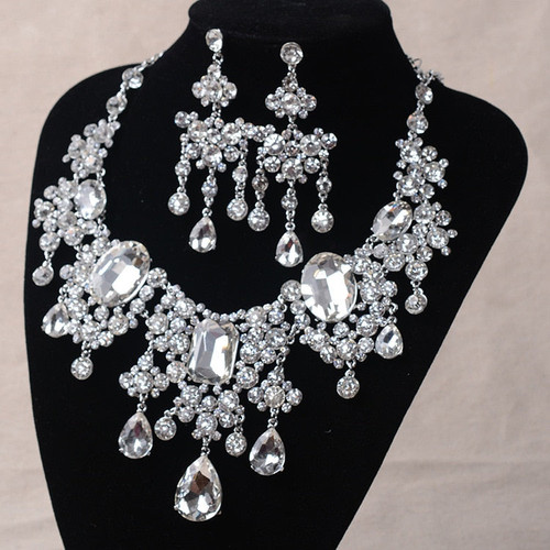 Big Rhinestone Necklace & Earrings Wedding Jewelry Set