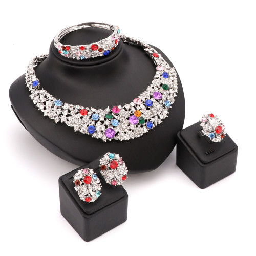 Colorful Rhinestone Necklace, Bracelet, Earrings & Ring Wedding Jewelry Set