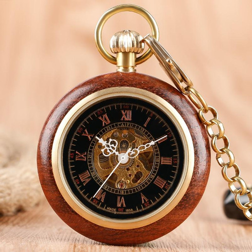 Vintage Gold & Red Wood Pocket Watch with Roman Numbers