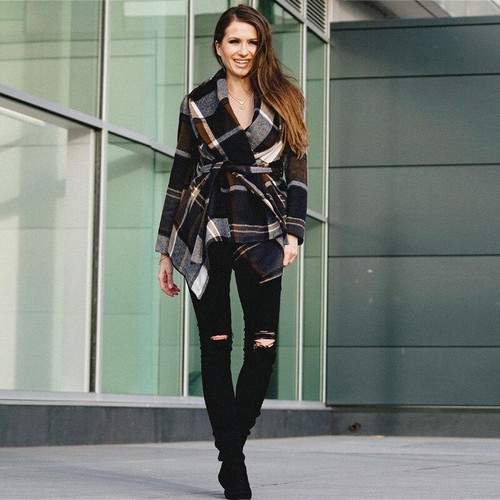 Women Lapel Lie Coat  Woolen Coat Autumn Winter Long Sleeve Pocket Jacket  Office Coats