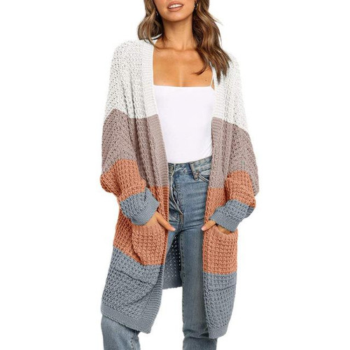 patchwork striped cardigan blouses female long sleeve batwing boho casual crochet oversized knit sweater coat female