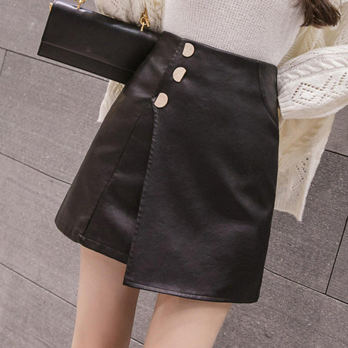 Women Mini Skirt PU Leather Black Skirt