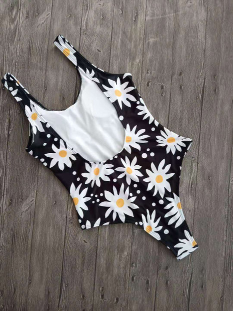 Women Sunflower Print One Piece Swimsuit Beach Swimwear