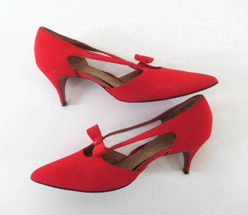 Vintage 50's 60's Red Heels Bow Accent Pumps Shoes 10 N