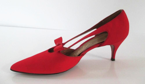 Vintage 50's 60's Red Heels Bow Accent Pumps Shoes 10 N