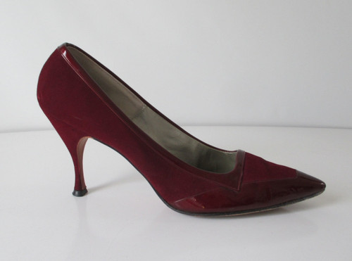 Vintage 60's Deep Red Suede & Patent Leather Pumps Heels Shoes 10.5