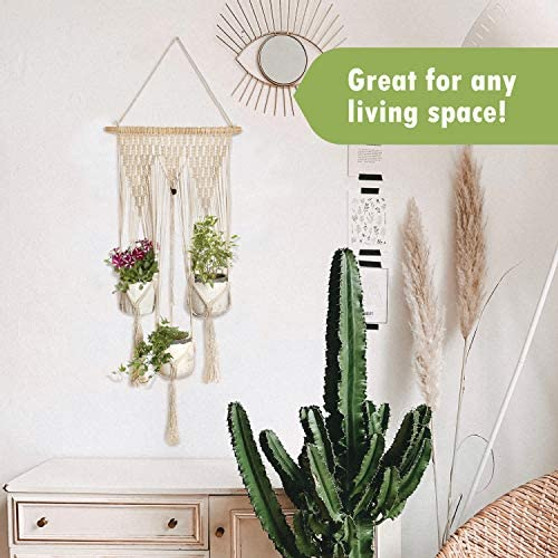 Macrame Plant Hanger 3 pots, Handmade Hanging Curtain Plant Holder and Herb Grower Natural Cotton Rope