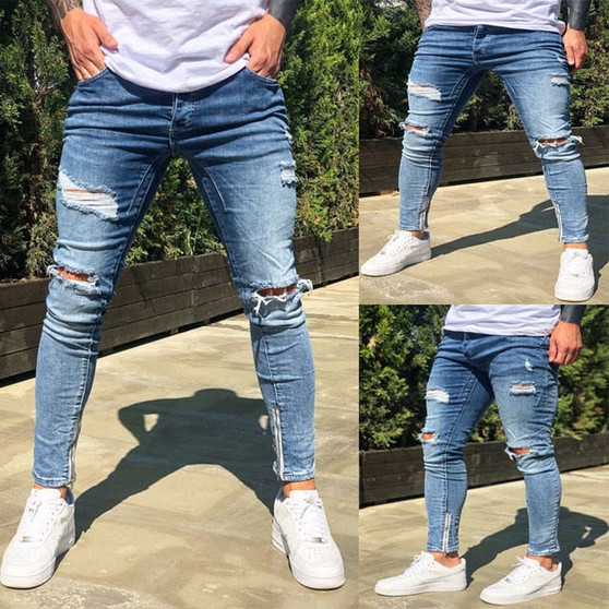 Gradient Color Ripped Jeans Men Casual Slim Fit Mens Skinny Jeans