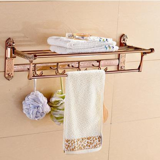 Bathroom Shelves Solid Brass Golder Wall Mount Folding Bath Shelf Towel Bars Rack Home Deco Luxurious Towel Hooks Holder Og522