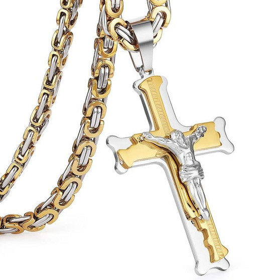 Gold Silver Tone Stainless Steel Christs Jesus Cross Pendant Necklace