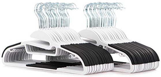 Popular Design Products 50 pc Premium Quality Easy-On Clothes Hangers - White with Black Non-Slip Pads - Space Saving Thin Profile - for Shirts, Pants, Blouses, Scarves – Strong Enough for Coats