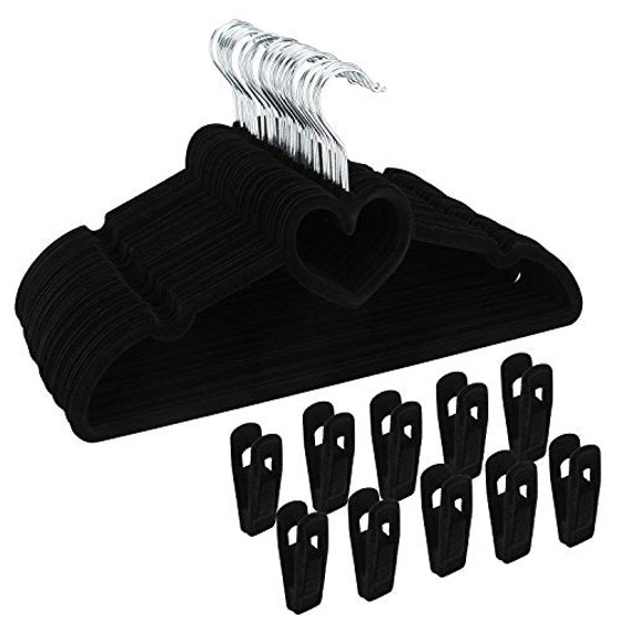 Corodo Velvet Hangers with Clips, Black Velvet Hangers Heavy Duty, 30 Pack Non Slip Clothes Hangers with 20 Pack Velvet Hangers Clips, Love Design Ultra Thin Pants Hangers for Space Saving