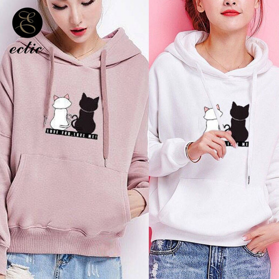 Winter Pullover Sweatshirts Women Cat Kawaii Poleron Mujer 2019 Kangaroo Pocket Hoodie School Korean Streetwear Oversized Hoodie