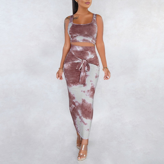 Tie Dye Bandage Two Piece Set Fashion Crop Tops Skirt Bodycon