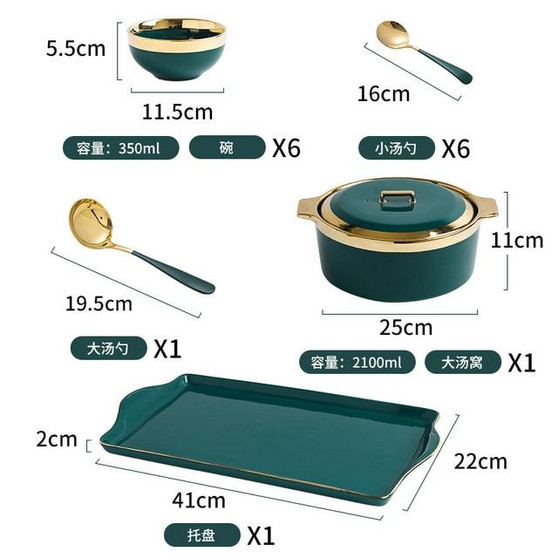 Ceramic Tableware Set Green Phnom Penh Round Bone China Dinnerware Sets Soup Bowl with Lid Spoon Tray Household Kitchen Supplies