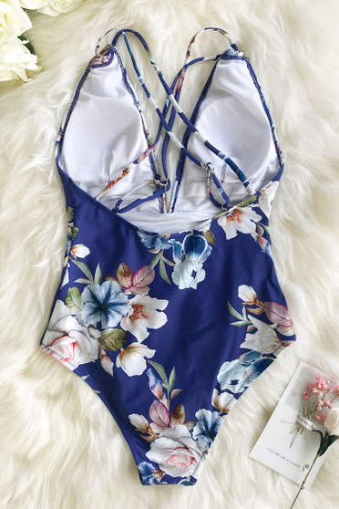 BLUE FLORAL STRAPPY ONE-PIECE SWIMSUIT