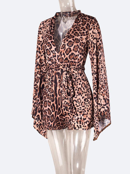 V Neck Leopard Long Sleeve Romper