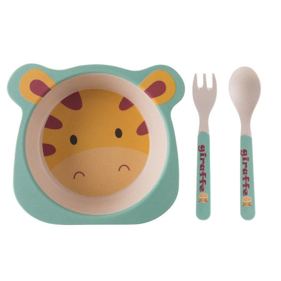 3pcs/set Bamboo Fiber Baby Cartoon Eating Tableware Kids Dinner Plate Toddler Feeding Dishes Children Training Bowl Spoon Fork