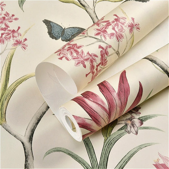 Classic Vintage Chinoiserie Wallpaper Pink Flower Butterflies & Birds Tropical Garden Wall Paper Exotic Living Room Decor (10mtr Roll)