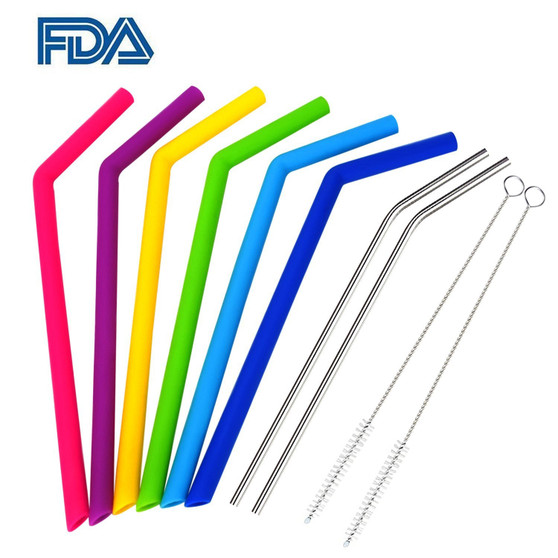 Reusable Straw Super Set for Power Slurpers: 6 Silicone Straws, 2 XL metal straws, 2 brushes