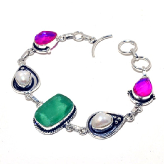 Emerald, Pearl & Rainbow Topaz Antique Silver Bracelet
