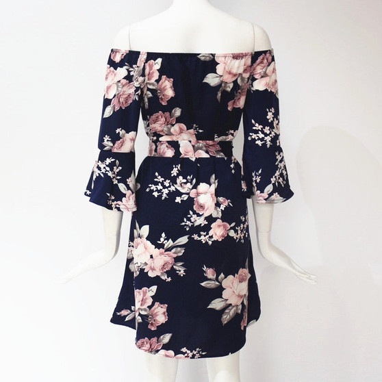 Women Off Shoulder Floral Print Chiffon Dress