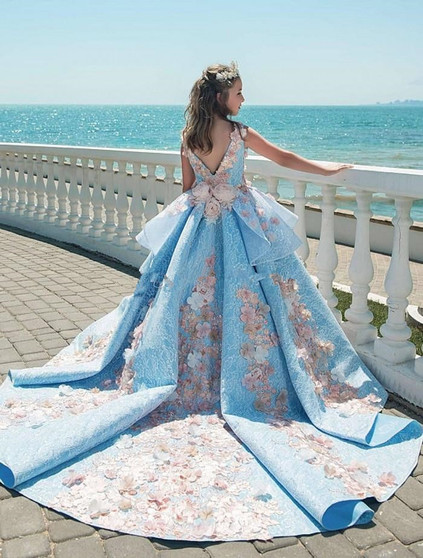 Luxury Blue Lace Girls Ball Gown Jewel Neck Appliques Flower Girls Pageant  Birthday Party Dress