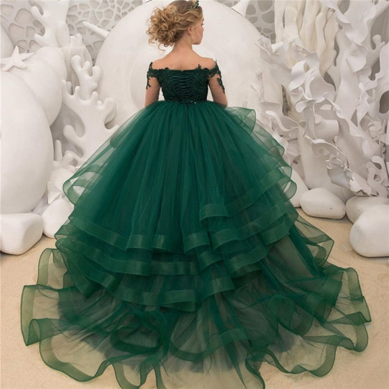 Luxury Green Lace Flower Girl Tiered Ball Gown Pageant Dress