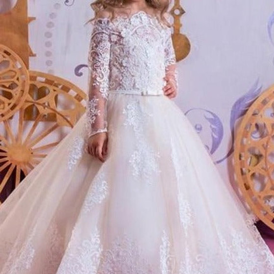 Lace Flower Girls Dress For Wedding First Communion Pageant Princess Ball Gown