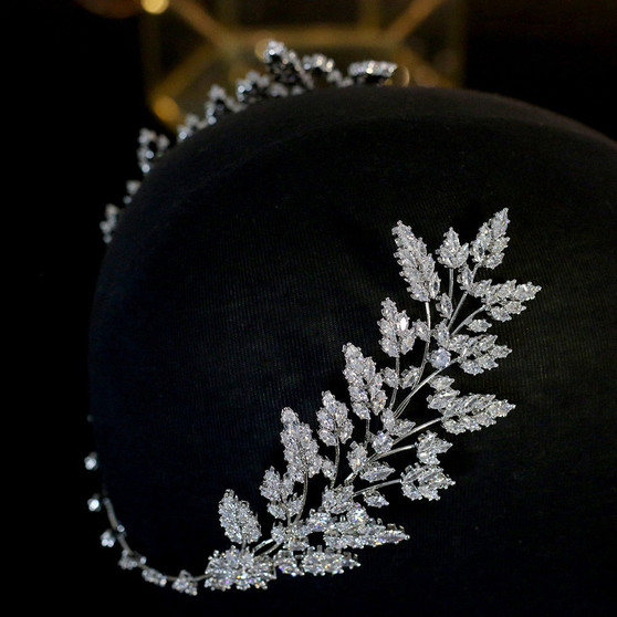 Cubic Zirconia Leaf Tiara Wedding Headband