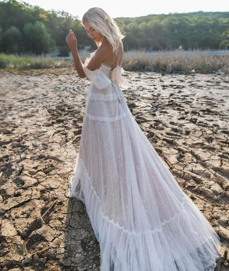 Bohemian Wedding Dresses Off Shoulder A Line Lace Boho Wedding  Bridal Gowns