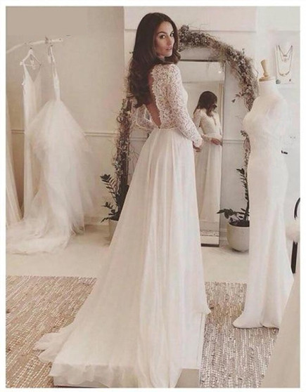 Boho  Long Sleeve Lace Appliques Chiffon Wedding Gown
