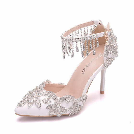 Crystal Queen White Crystal Shoes Tassel  Wedding Shoes Bride Shoes High Heels Pumps