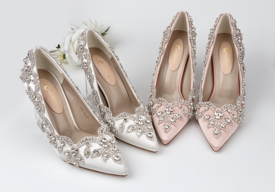 Wedding Shoes Luxury Design  Satin Full Stone Rhinestone Pointed Toe Bride Pumps Square Clear Higher Heels