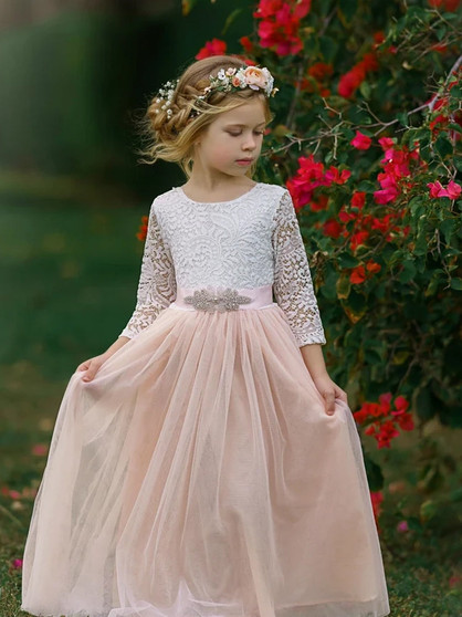 Pink Lace Flower Girl Dress,A Line Cheap Girls Dress With Sleeve