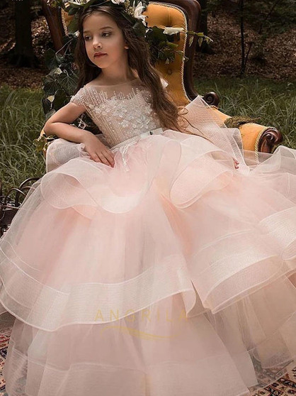 Ball-Gown Tulle Scoop Neck Flower Girl Dress with Beading