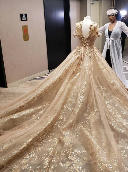onlybridals A-line Off-the-shoulder Floor-length Short Tulle Champagne  Wedding Dress