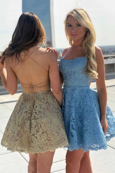 Spaghetti-straps Lace Party Dresses Backless Homecoming Dresses,MH463