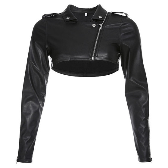 Iamhotty Black PU Leather Crop Jacket Street Wear Punk Style Womens Coats Long Sleeve Turn-Down Zipper Short Jacket 2019 Fashion