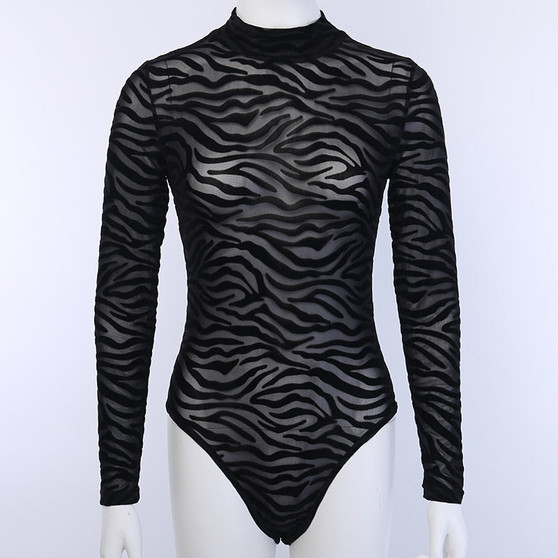 Mesh Stripe Print Long Sleeve Mock Neck See-Through Bodysuit