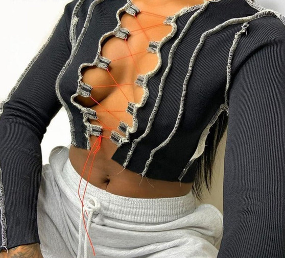 Patchwork Lace Up Long Sleeve Crop Top